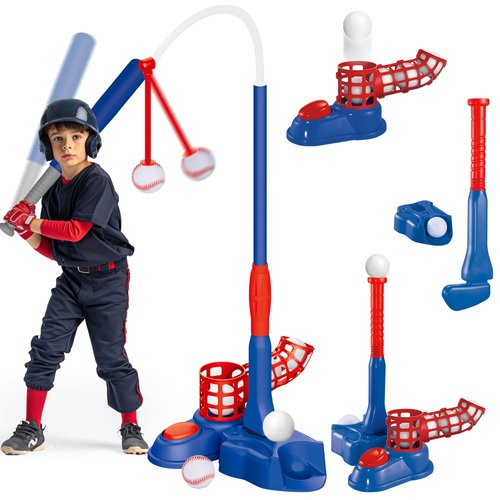 imagifun 4 in 1 T Ball Set, Kids Baseball Tee for 3-5,5-8, Teeball Batting Tee, Toddler Hanging Tee Ball Golf Set Toys, 6 Ball Retractable Bat, Pitching Machine,Outdoor Sport Toy for Boy (Blue)
