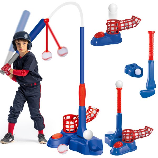 imagifun 4 in 1 T Ball Set, Kids Baseball Tee for 3-5,5-8, Teeball Batting Tee, Toddler Hanging Tee Ball Golf Set Toys, 6 Ball Retractable Bat, Pitching Machine,Outdoor Sport Toy for Boy (Blue)