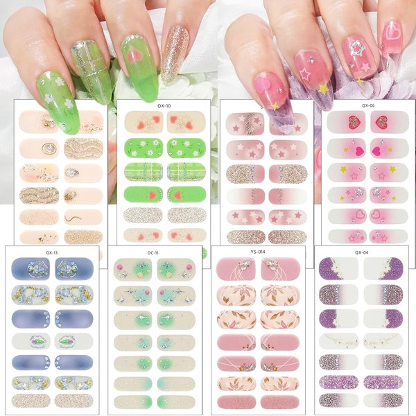 Sutaozhi Semi Cured Gel Nail Strips Stickers for Nail Art 8Sheets Gel Nail Stickers Flowers Heart Star French Nail Design Nail Wraps Decals Glitter Nail Polish Strips Nail Decoration for Nail Supplies