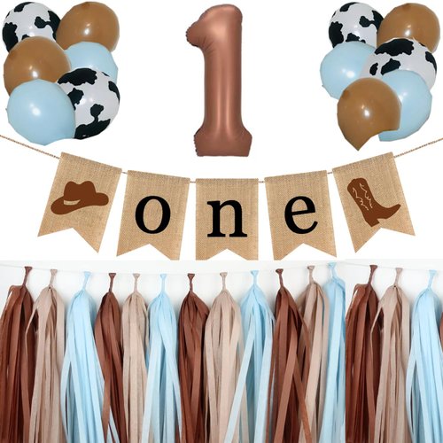 Cowboy 1st Birthday Decoration First Rodeo Party Supplies One Highchair Banner Balloon Western Tassel Garland Blue Brown