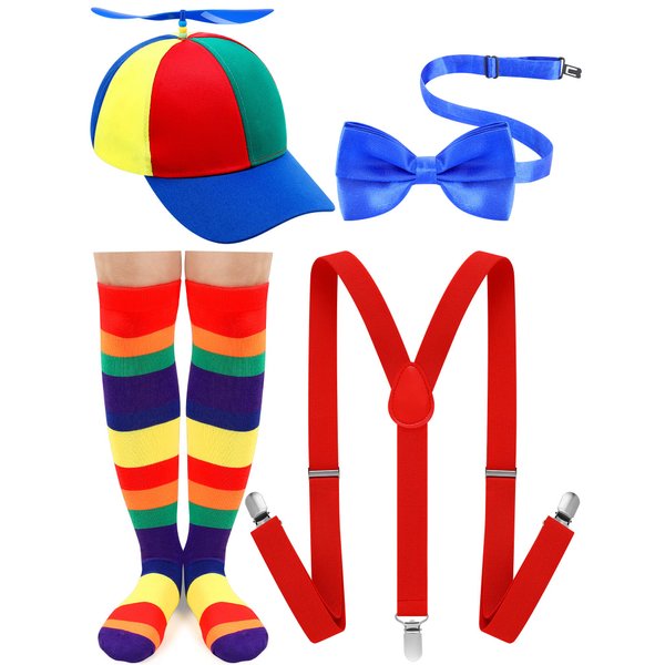 Jiuguva 4 Pcs Propeller Hat Rainbow Clown Hat Y Back Style Suspenders Bow Tie Striped Socks Set for Adult (Blue Propeller, Blue Hat Brim)