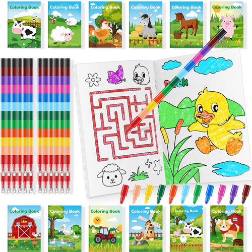 24 Farm Animals Coloring Books with 24 Stacking Crayons party favors for Kids cow horse Barn Party mini Drawing Book For Farm Birthday Party Goodie Bag Gift Stuffer School Classroom Activity Supplies