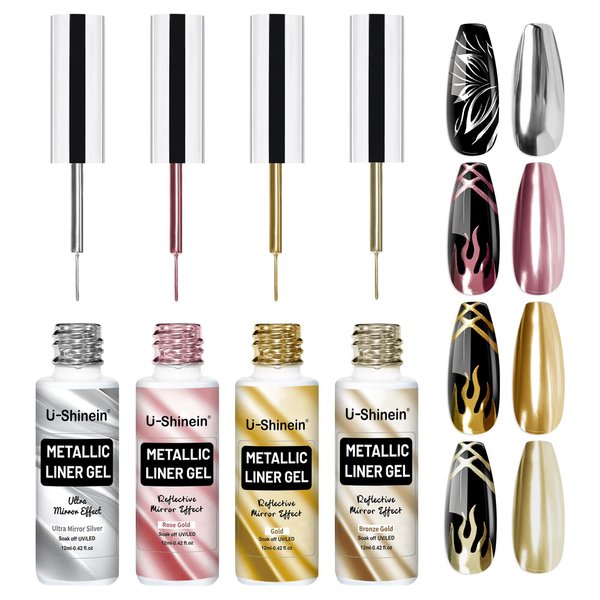 U-Shinein 4x12ml Metallic Mirror Painting Liner Gel Polish Set, Mirror Chrome Effect Painted Gel Nail Polish, Metal Drawing Striper Gel Build in Thin Brush Soak Off UV/LED Nail Art Manicure, Set C