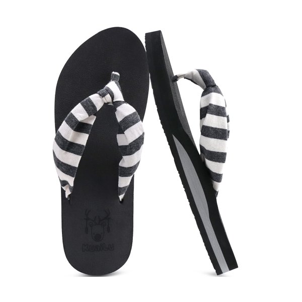 KuaiLu Women's Yoga Foam Flip Flops with Arch Support Thong Sandals Non-Slip Stripes Black Size 8