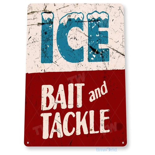 Tinworld Tin Sign Ice Bait Tackle Rustic Retro Fish Fishing Tackle Metal Sign Decor Marina Lake Beach House Cottage Cabin B439