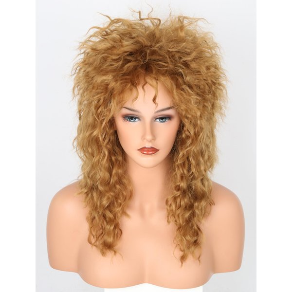 Lucoacos Womens Brown Long Curly Wig 80s Rocker Mullet Wig Halloween Party Costume Wig