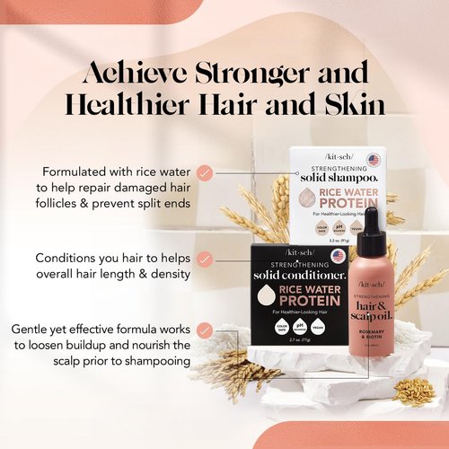 Kitsch Rice Shampoo Bar Soap, Rice Conditioner Bar Soap, & Pre Wash Scalp Oil - Rice Water for Strengthening Hair, Rosemary Oil for Healthy Scalp, Serum, Paraben Free 3pc Set