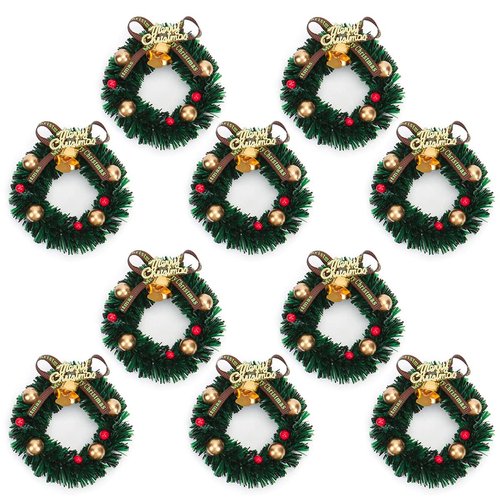 10 Pieces Mini Artificial Christmas Wreaths Ornaments, Dollhouse Miniature Christmas Wreath Doll House Mini Xmas Wreath for Dollhouse Door Windows Christmas Tree Decoration (Gold Bell)