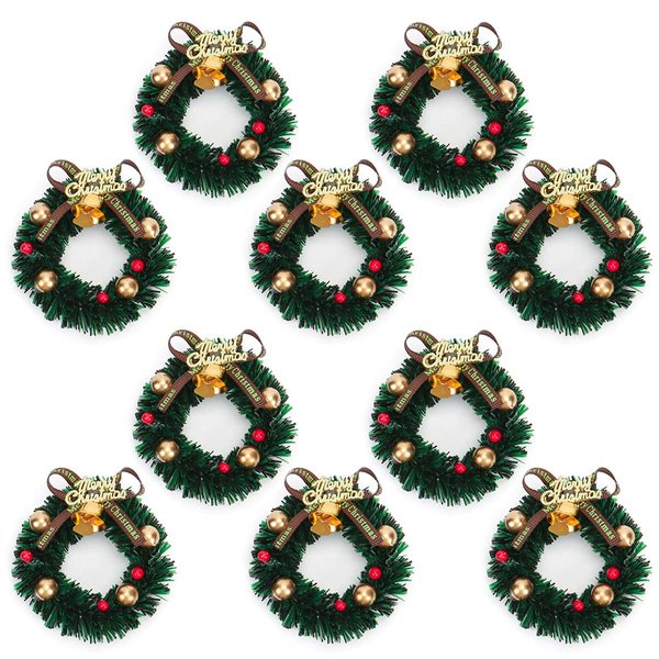 10 Pieces Mini Artificial Christmas Wreaths Ornaments, Dollhouse Miniature Christmas Wreath Doll House Mini Xmas Wreath for Dollhouse Door Windows Christmas Tree Decoration (Gold Bell)