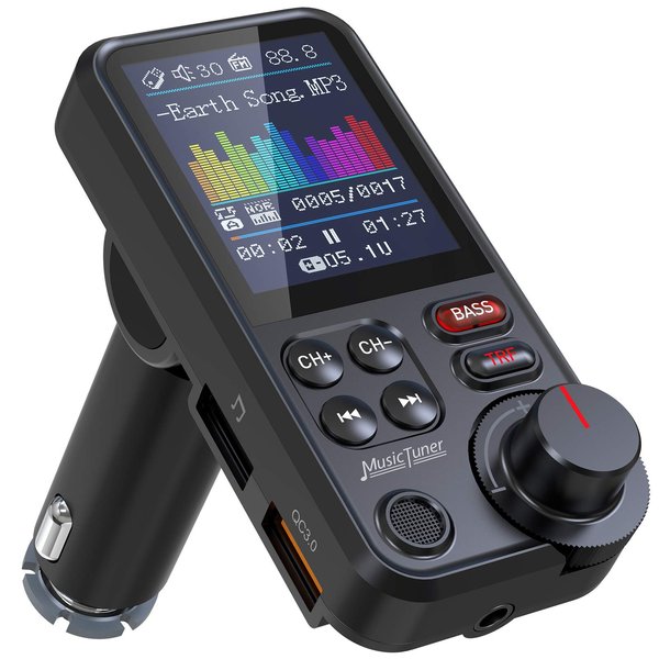 Nulaxy FM Bluetooth Transmitter for Car, Strong Microphone Bluetooth Car Adapter with 1.8" Color Screen for Hands Free Calls, Supports QC3.0 Charging, Treble and Bass Sound Music Player- KM30