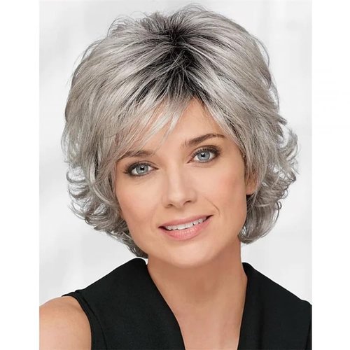 Gray Wig, Fluffy Gray Women's Grey Wigs for White Women with Bangs Heat-resistant Fiber Natural Styling Gray Wigs for Black Women Suitable for Daily Use Costume Wig for Middle-aged and Elderly People