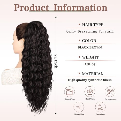 AISI BEAUTY Ponytail Extension for Black Women Drawstring Ponytail Natural Black Long Curly Wavy Ponytail 24 Inch Synthetic Clip in Ponytail Hair Extensions for Daily Use(4#)