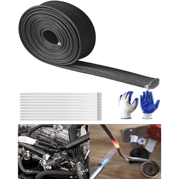Fiberglass Wire Heat Shield Roll - 3/4" ID X 10FT 2500°F Fiberglass Heat Wrap Wire Shield Sleeve Cover Hose with 10 PCS 7.8 Inch Stainless Steel Zip Ties for Car & Auto Wire Loom Brake Cable, Black