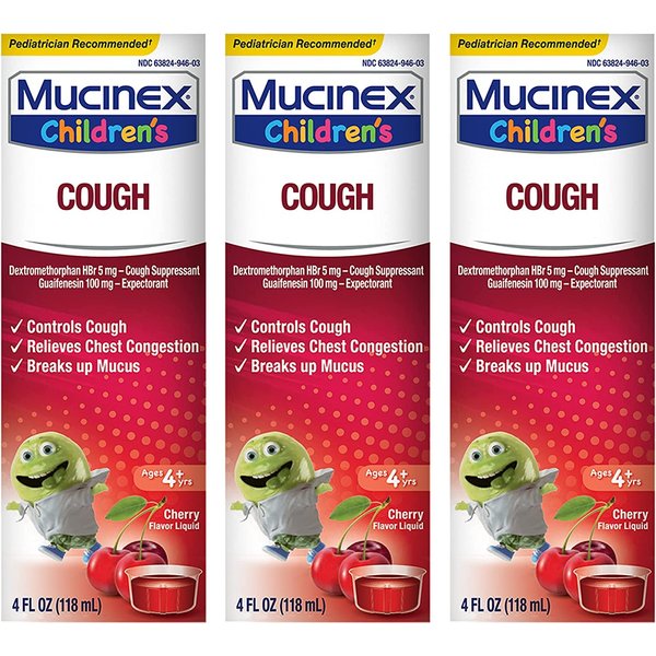 Mucinex Children's Cough Medicine, Expectorant, Liquid Cough Suppressant, Cherry Flavor, 4 Fl Oz (Pack of 3)