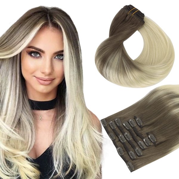 HOTBANANA Human Hair Clip in Hair Extensions, Ombre Sandy Brown to Platinum Blonde 120g Clip in Hair Extensions Real Human Hair Straight Remy Hair Clip in Hair Extensions 14 Inch 7pcs