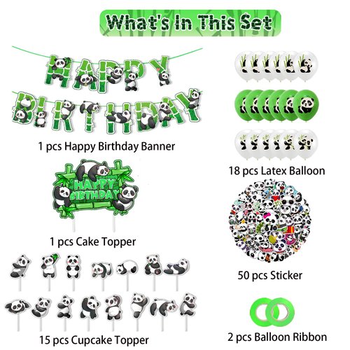 87 Pcs Cute Panda Birthday Party Supplies Set with Panda Happy Birthday Banner, Cake Toppers, Cupcake Toppers, Balloons, Stickers for Baby Shower Boys Girls Teens Cartoon Panda Theme Party Decorations