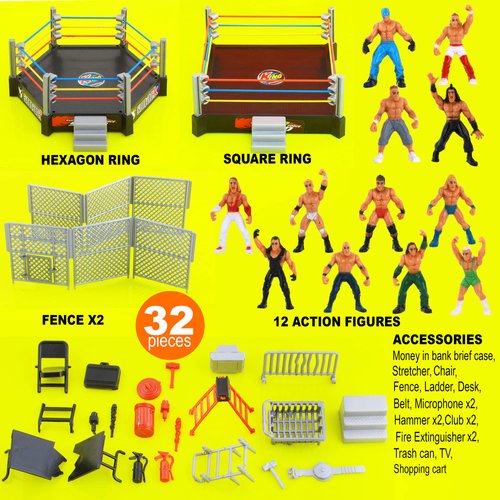JDS Toy Store 32-Piece Mini Wrestling Playset with Action Figures and Accessories - Kids Toy with Realistic Wrestlers - 2 Rings Included