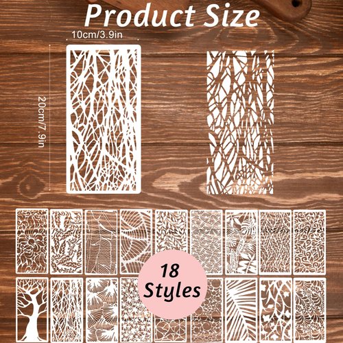 18Pcs Stencils for Crafts Painting, Reusable Cake Stencils Decorating Texture Stencil Background Stencil Leaf Floral Tree Templates for Painting on Wood Furniture Card Canvas Paper Scrapbook
