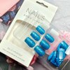 24Pcs Short Square Press on Nails White Blue Fake Nails Blue Sequins Glitter Luxury Design Nail Art Supplies Full Cover Artificial Coffin False Nails for Women Girls DIY Acrylic Manicure Decorations
