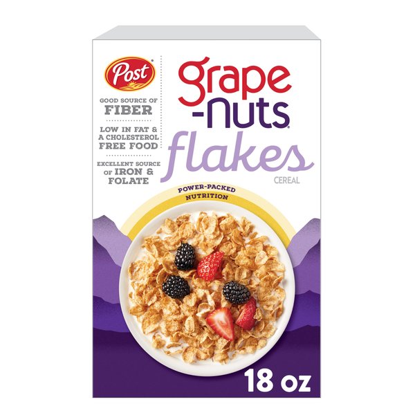 Post Grape Nuts Flakes Breakfast Cereal, Crispy Whole Wheat and Barley Cereal, Great for Yogurts, Parfaits, and Homemade Snacks, 18 OZ Box