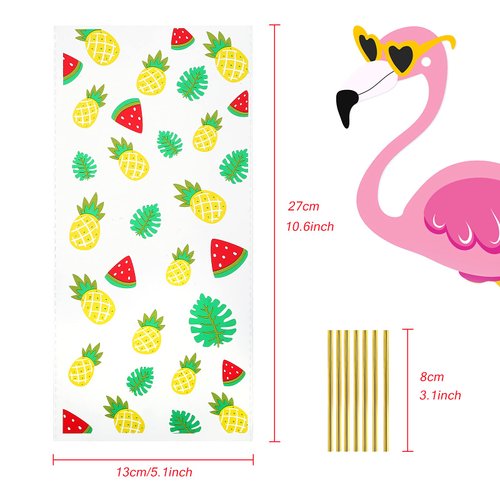 Kesote 100 Pieces Hawaiian Tropical Cellophane Treat Bags, Clear Pineapple Flamingo Goodie Candy Snack Bags Bulk with Twist Ties for Hawaiian Tropical Luau Summer Tiki Bar Party Favor Supplies