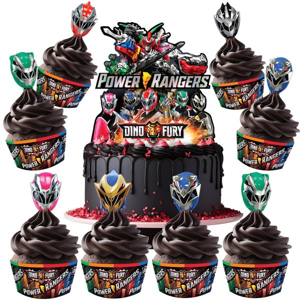 Treasures Gifted Power Rangers Cake Topper Set - (1) Power Rangers Cake Topper & (24) Power Rangers Cupcake Toppers & Wrappers - Officially Licensed Power Rangers Birthday Party Supplies