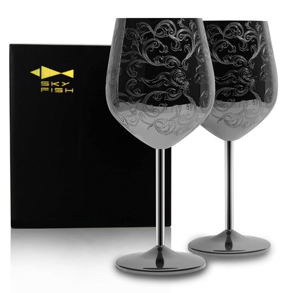 Sky Fish Stainless Steel Wine Glasses With Black Plated,etched with intricate and authentic baroque engravings,Royal style wine goblets,Set of 2(17oz)