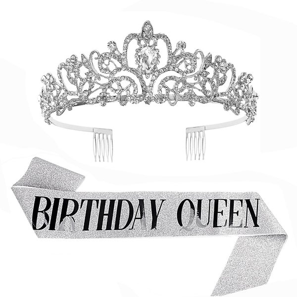 Araluky Silver Birthday Sash and Tiara for Women Glitter Birthday Queen Sash and Tiara for Women with Comb Birthday Queen Sash & Rhinestone Tiara Set Happy Birthday Crowns for Women Girls Birthday Decorations Hair Accessories Party Cake Topper