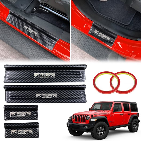 Buling Door Sill Guards Protector 304 Stainless Steel with Carbon Fiber Pattern Compatible with Jeep Wrangler JL JLU 2018-2024 & Jeep Gladiator JT 2020-2022 Accessories Door Sill Protector