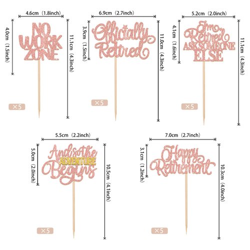 30 PCS Happy Retirement Cupcake Toppers Officially Retired Cake Toppers No Work Zone Adventure Begins Cupcake Picks for Retirement Theme Farewell Birthday Party Decorations Supplies Rose Gold