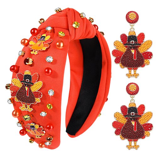 Thanksgiving Fall Headband for Women Beaded Turkey Headbands Rhinestone Crystal Knotted Headband Jeweled Embellished Wide Top Knot Headbands Thanksgiving Accessories Outfits Holiday Gifts (Turkey 2)