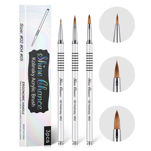 Shine Chance 3Pcs Acrylic Nail Brushes Set Size 2 4 5, Kolinsky Hair Acrylic Nail Art Brush, Art Design & Polish Mistake Cleaning Manicure Tools for Women Acrylic Application, Silver
