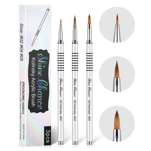 Shine Chance 3Pcs Acrylic Nail Brushes Set Size 2 4 5, Kolinsky Hair Acrylic Nail Art Brush, Art Design & Polish Mistake Cleaning Manicure Tools for Women Acrylic Application, Silver