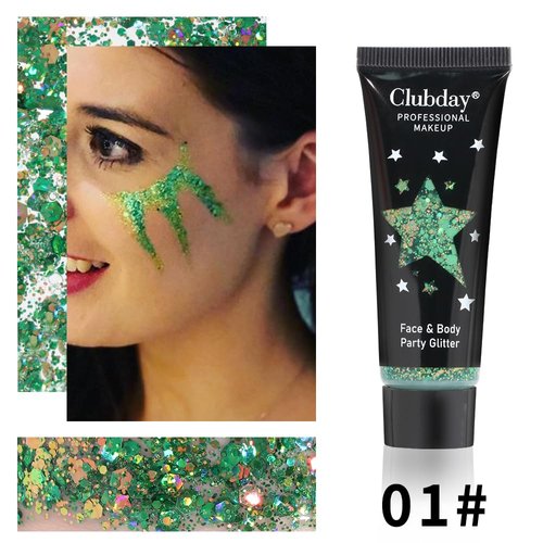 Gl-Turelifes Face Body Glitter Gel Sequins for Eyes, Lips,Hair, Nail, Face and Body - Mermaid Flakes Chunky Glitter Festival Accessory 30ml (#01 Green)