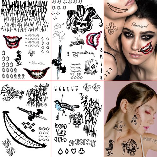 Halloween Temporary Tattoos, 4 Sheets Joker Tattoos Fake Temporary Tattoos Sticker for Men & Women, Perfect for Halloween, Cosplay, Costumes and Party Accessories