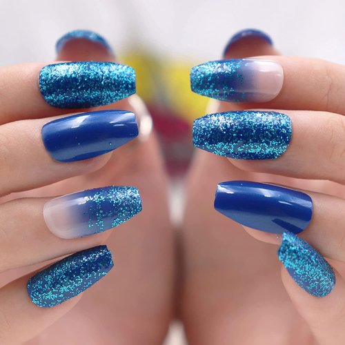 MISUD Medium Coffin Press on Nails, Blue Gradient Fake Nails, Glossy Glue on Nails, Glitter Artificial False Nails with Double Side Adhesive Tabs for Women & Girls (24pcs)