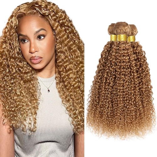 26 28 30 Inch Honey Blonde Bundles Color #27 Kinky Curly Human Hair Bundles Brazilian Unprocessed Virgin Hair Color #27 Bundles Human Hair Honey Blonde Curly Bundles Hair Weave Blonde Bundles