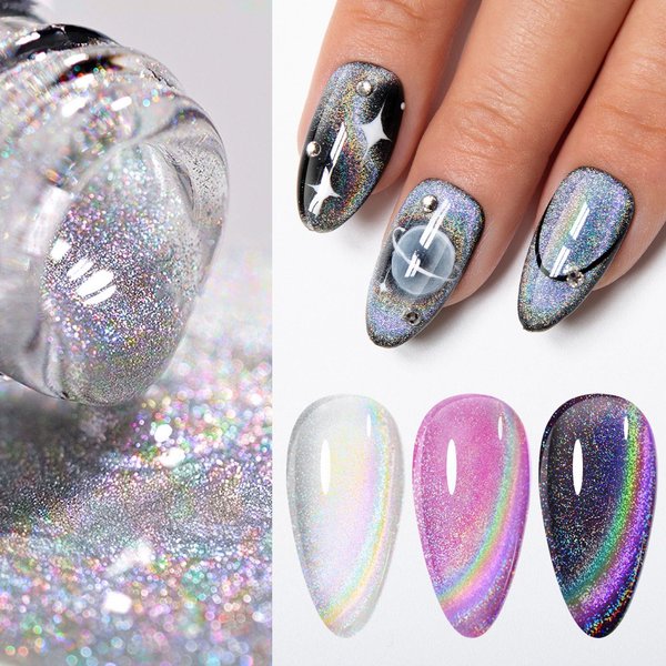 Gellen Cat Eye Gel Nail Polish - 18ml Rainbow Cateye Gel Polish with Magnet Stick Glitter Reflective Holographic Nail Polish UV Gel Magnetic Nail Polish Party Nail Art