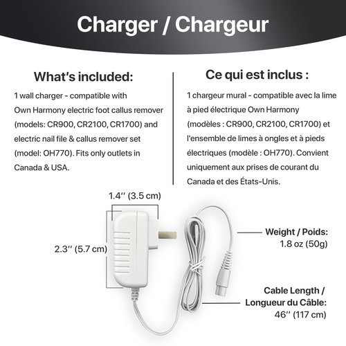 Own Harmony Charging Adaptor for Electric Foot Callus Remover Models CR900, CR2100, CR1700 - Charger Works Only with Nail Care Kit & Pedicure Tools by Own Harmony