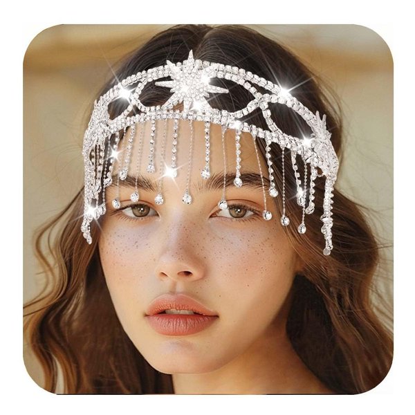 Kilshye Rhinestone Star Wedding Tiara Silver Crystal Bridal Headband Prom Headpiece for Women