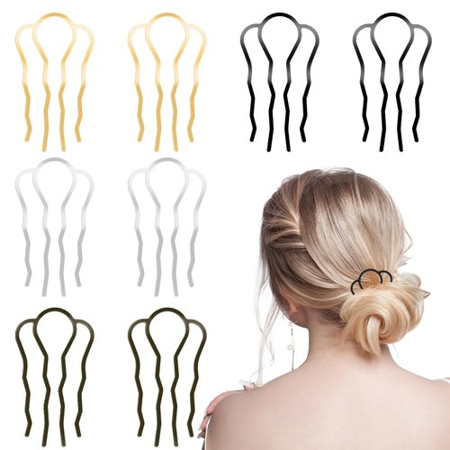 Giantree 8 Pcs Hair Side Combs Hair Fork Clip Teeth Hair Pins for Updo Bun, 4 Prong U Shape Hair Sticks Twist Hair Pin for Women Hair Styling Tool Accessories 4 Colors