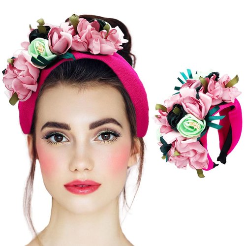 Sinalty Boho Wide Headbands Flowers Pink Headband Non Slip Handmade Hair Bands for Women's Hair Festival Prom Party Headwear (Pink)