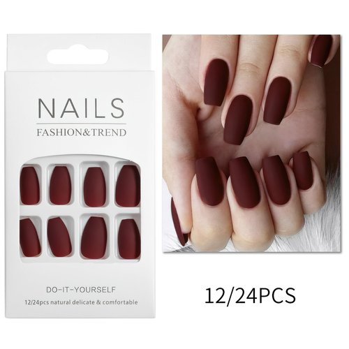 ZASKHLD Wine Red Press on Nails Medium Long Coffin Fake Nails Matte Red Full Cover Glue on Nails Pure Color Reusable False Nails Natural Stick on Nails for women girls Acrylic Nails Decorations 24Pcs