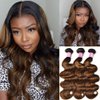 KLAIYI Ombre Brown Highlight Body Wave Human Hair Extensions 3 Bundles of 20 20 20Inch Balayage Honey Blonde Virgin Hair Weaves for Women Double Wefts Wavy Remy Hair with Dark Roots Sew In Piano Color