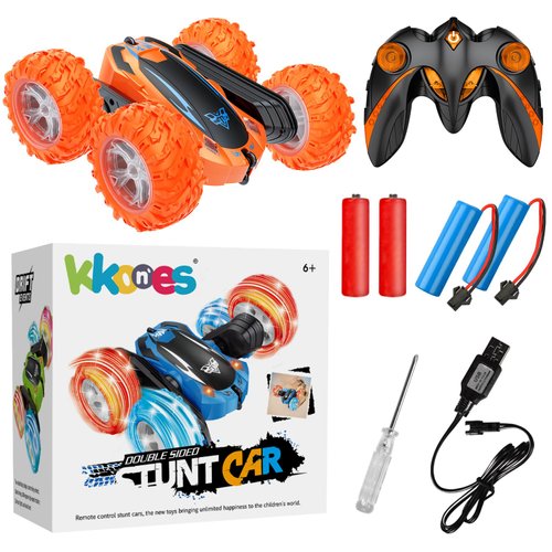 Remote Control Car, 2.4GHz Electric Race Stunt Car, Double Sided 360° Rolling Rotating Rotation, LED Headlights RC 4WD High Speed Off Road Gift for 3 4 5 6 7 8-12 Year Old Boy Toys (Orange)