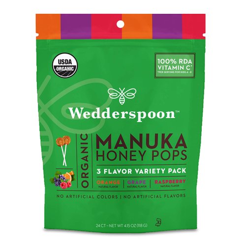 Wedderspoon Organic Manuka Honey Vitamin C Lollipops Variety Pack, 24 Count - No Artificial Flavors or Dye
