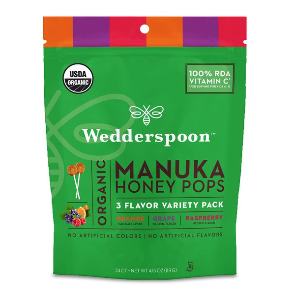 Wedderspoon Organic Manuka Honey Vitamin C Lollipops Variety Pack, 24 Count - No Artificial Flavors or Dye