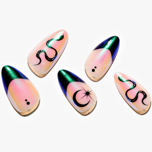 GLAMERMAID Press on Nails Almond,Chrome Gel False Nails with Gothic Design,24 PCS Glue on Nails,Reusable Acrylic Stick on Nails Tips Manicure Set for Women,Emerald Serpent (Handmade)