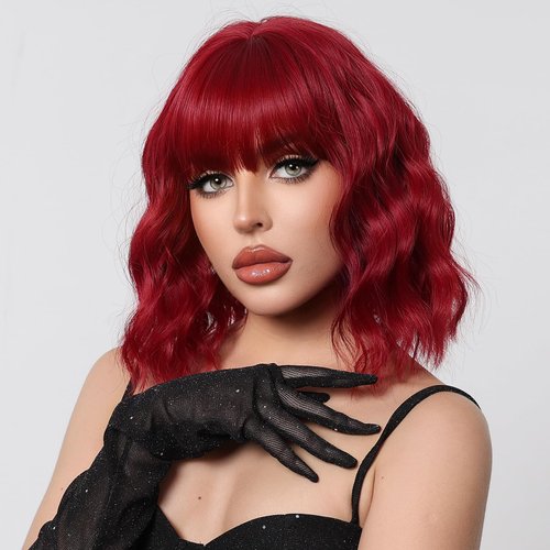 Tumhorn Curly Bob Wig with Bangs Short Wavy Red Color Wigs for Women Colorful Costume Wigs Heat Resistant Synthetic Wigs