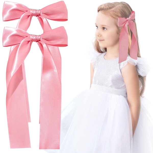 2PCS Silky Satin Hair Bows Pink Long Ribbon Clips for Girls, Alligator Clips Hair Bows Hair Accessories for Girls Toddlers Teens Kids (Pink)